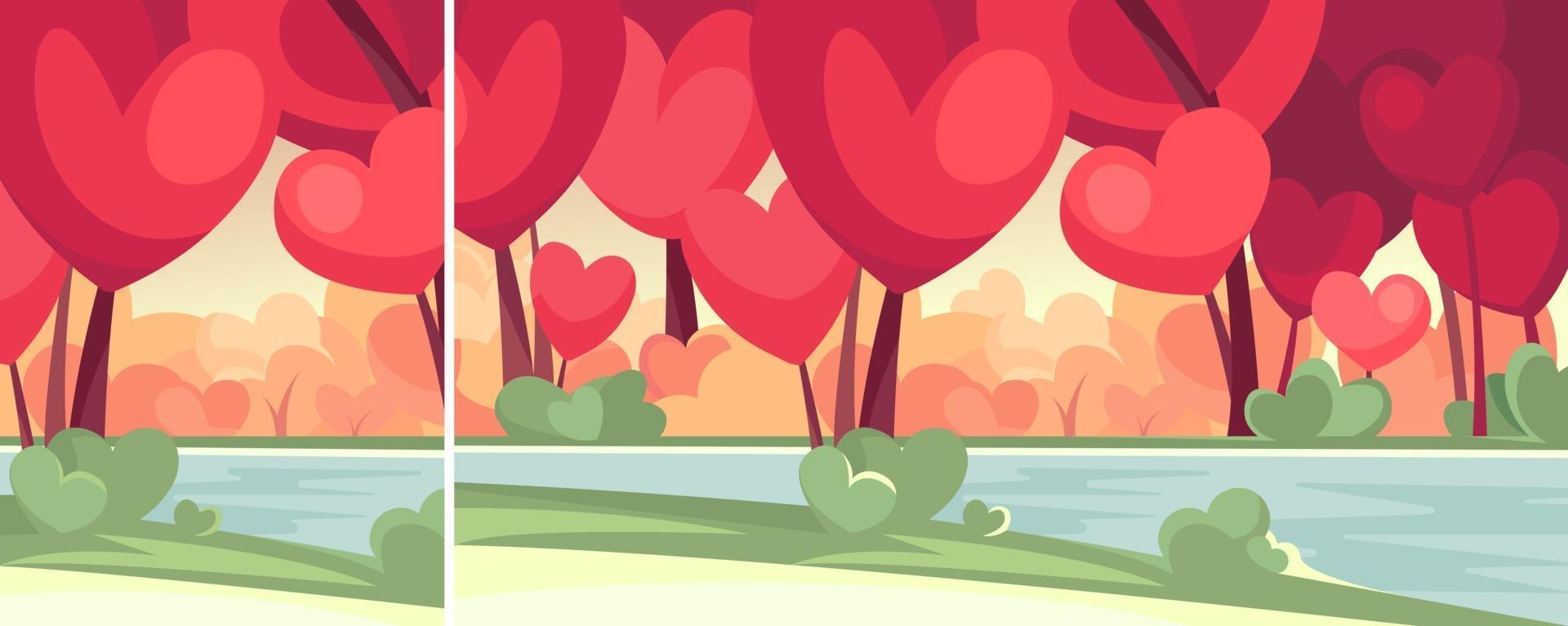 bosque con árboles en forma de corazón junto al río en dos orientaciones. vector