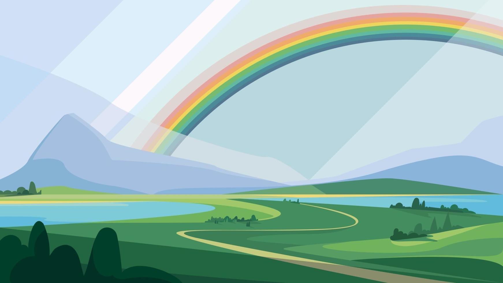 paisaje con montañas y arco iris. hermosos paisajes naturales. vector