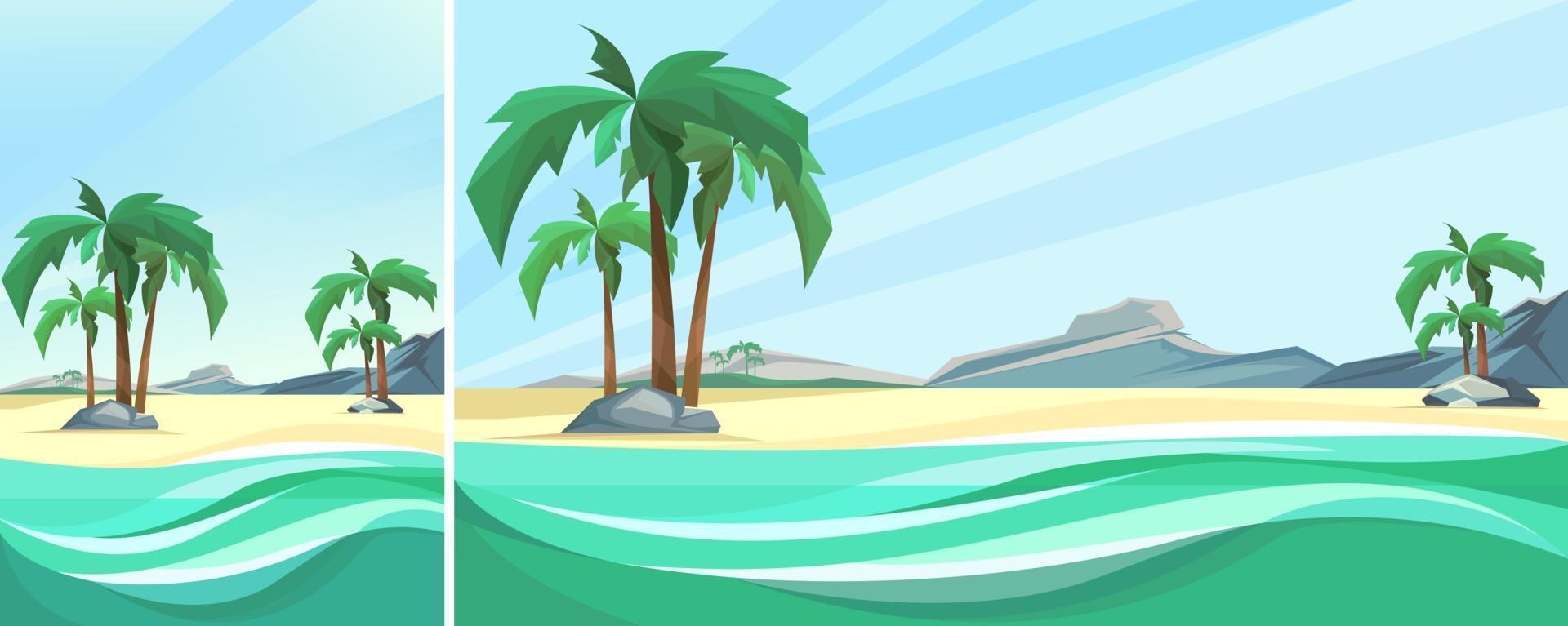 Vertical and horizontal desert island coast with palms and mountain. vector