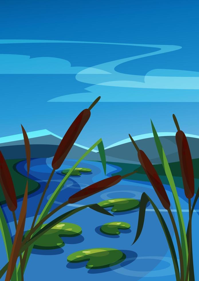 Vertical landscape with reeds on background of mountains. vector