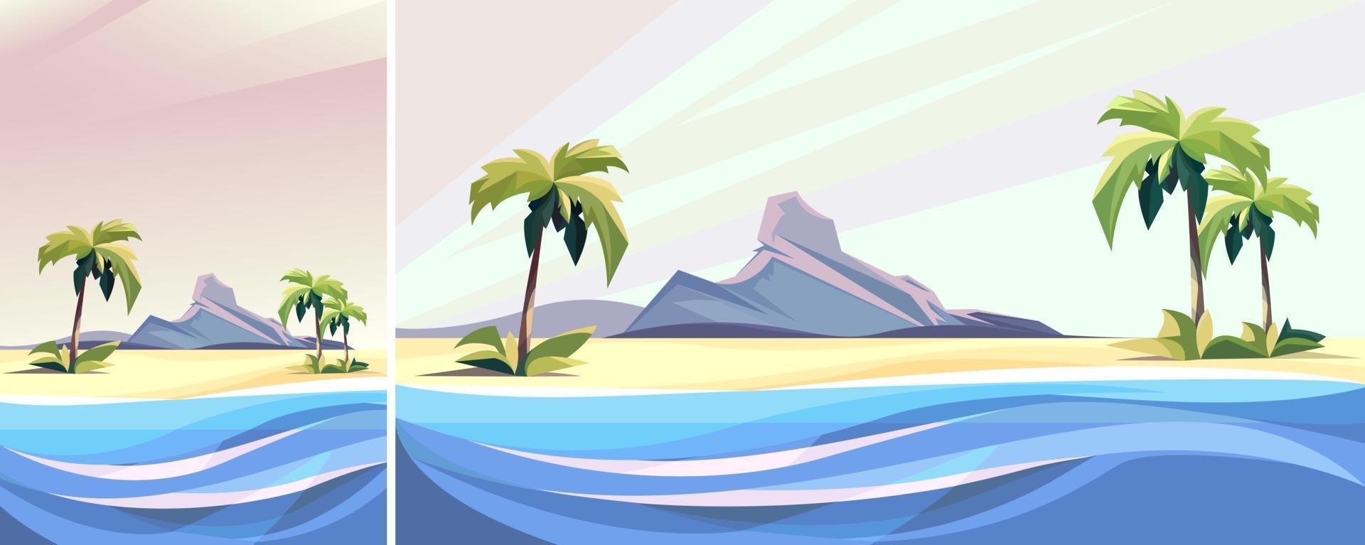 paisaje marino con palmeras y rocas en orientación vertical y horizontal. vector