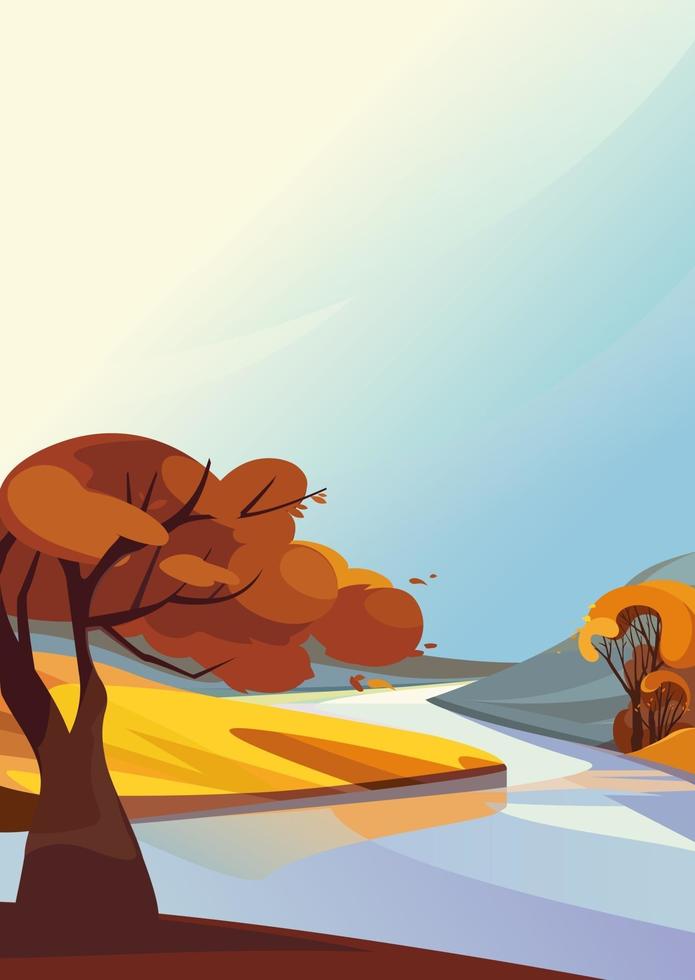 Vertical autumn landscape with river flowing between plains. vector
