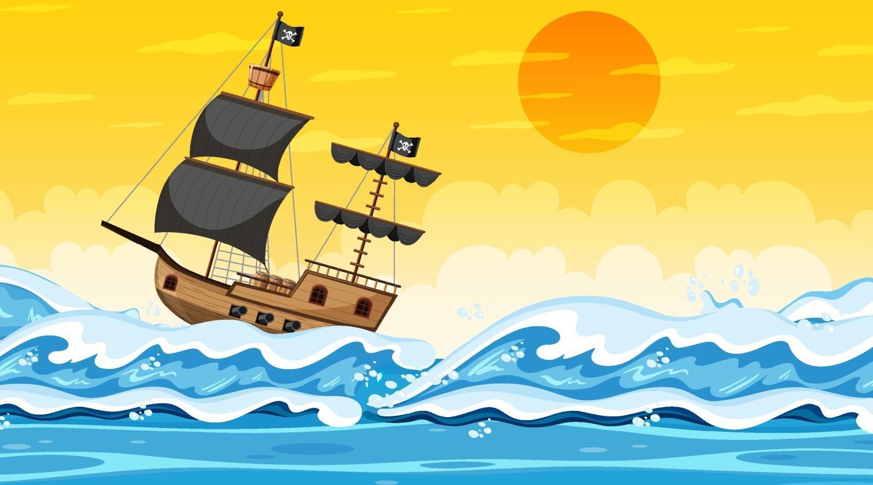 Océano con barco pirata en la escena del atardecer en estilo de dibujos animados vector