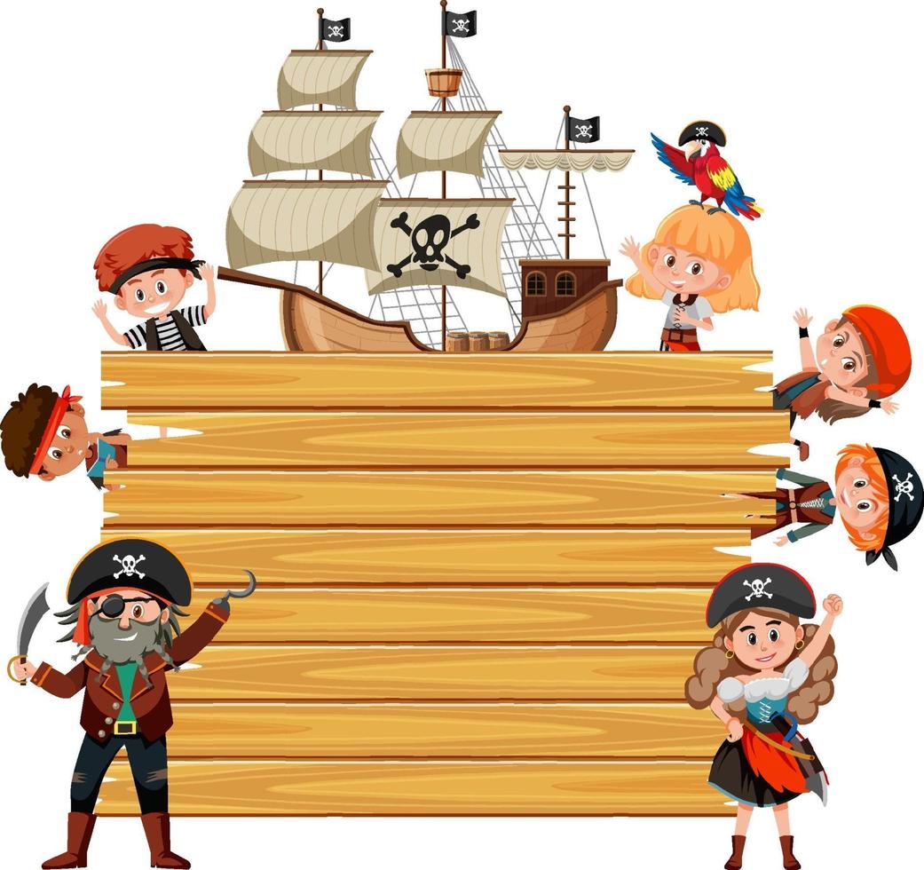 Empty wooden board with many pirate kids cartoon character vector