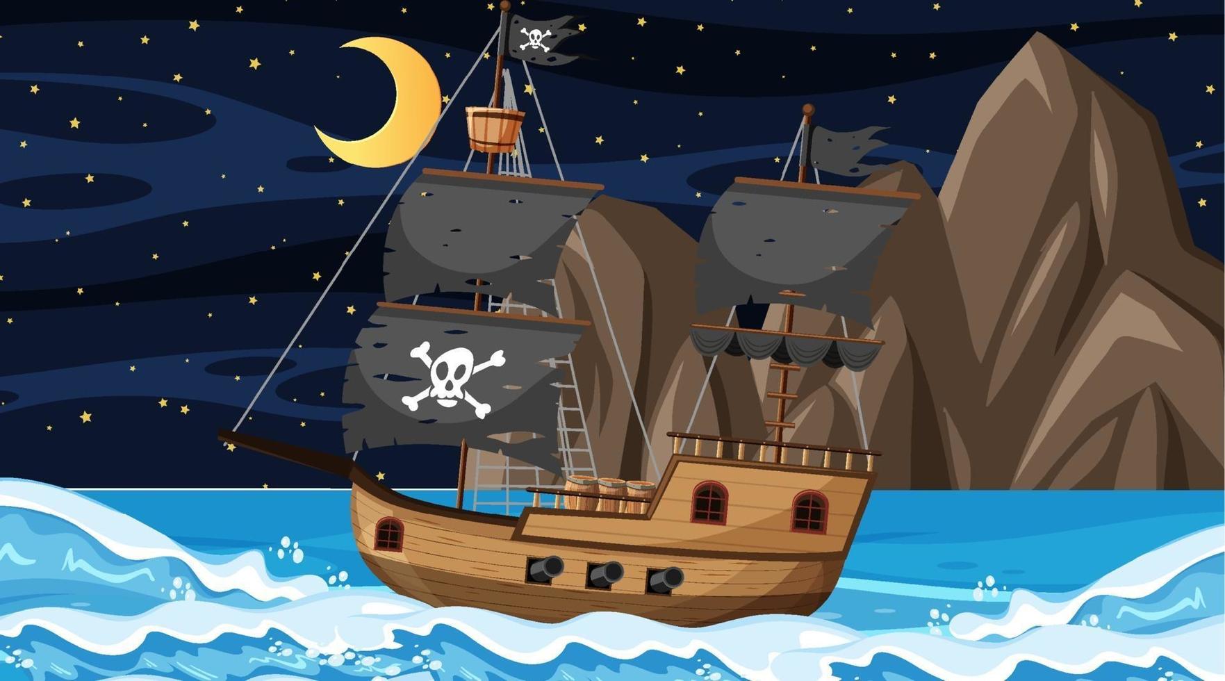 Ocean with Pirate ship at night scene in cartoon style vector