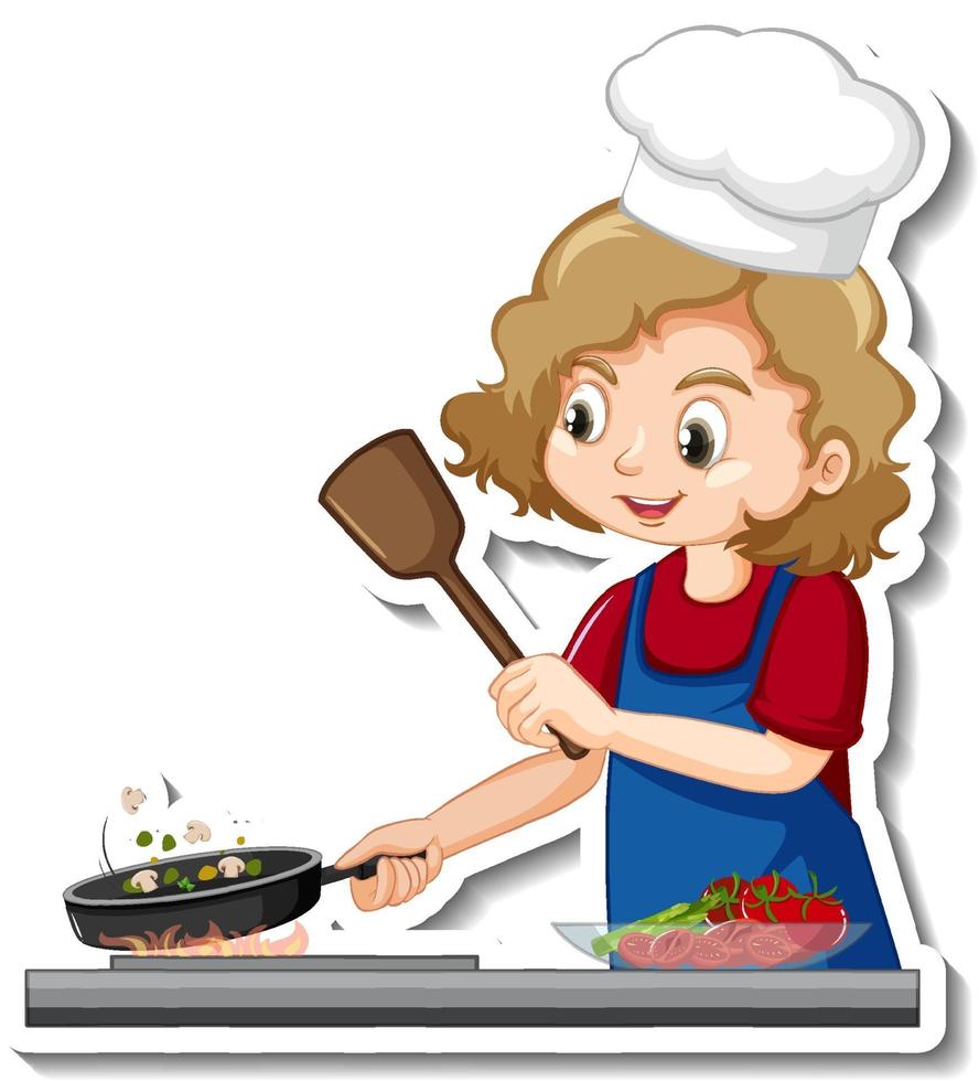 Sticker design with chef girl cooking food cartoon character vector