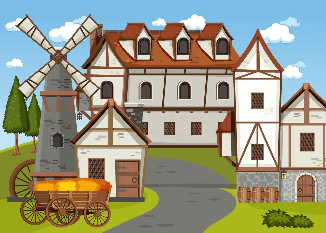 Escena de pueblo medieval con molino de viento y casas. vector