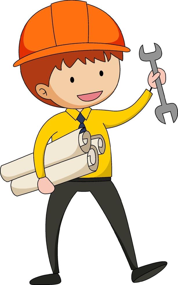 Little engineer doodle cartoon character isolated vector