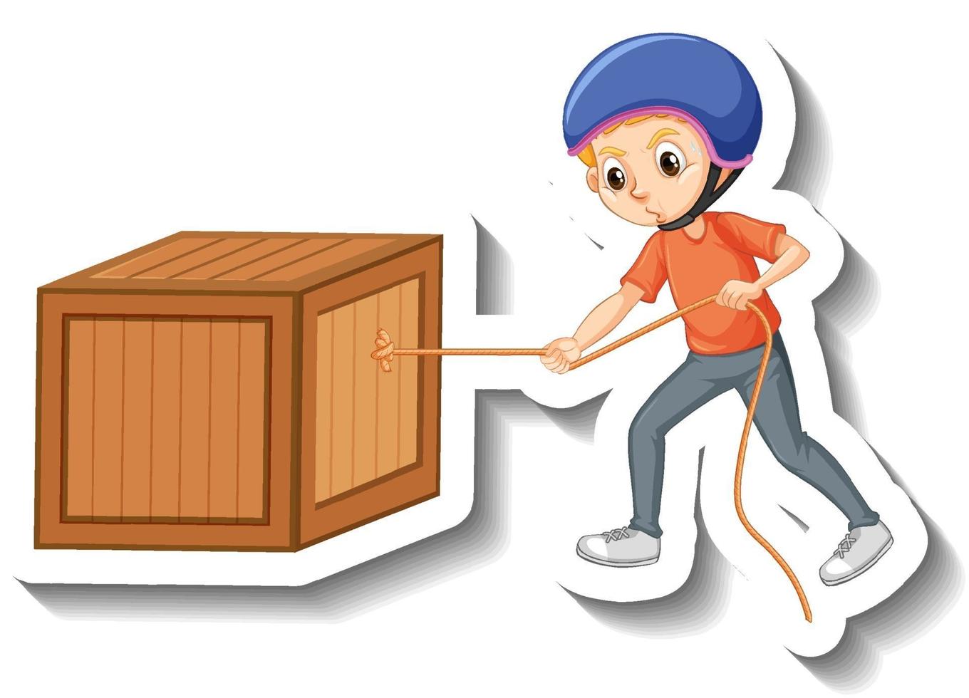 A boy wearing helmet pulling a box on white background vector