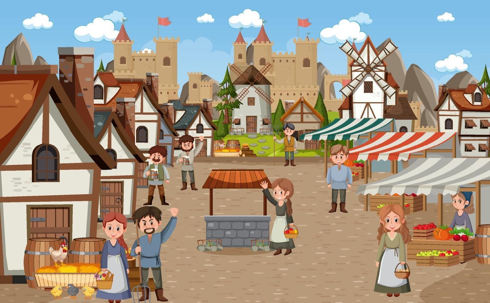 escena de la ciudad medieval con aldeanos. vector