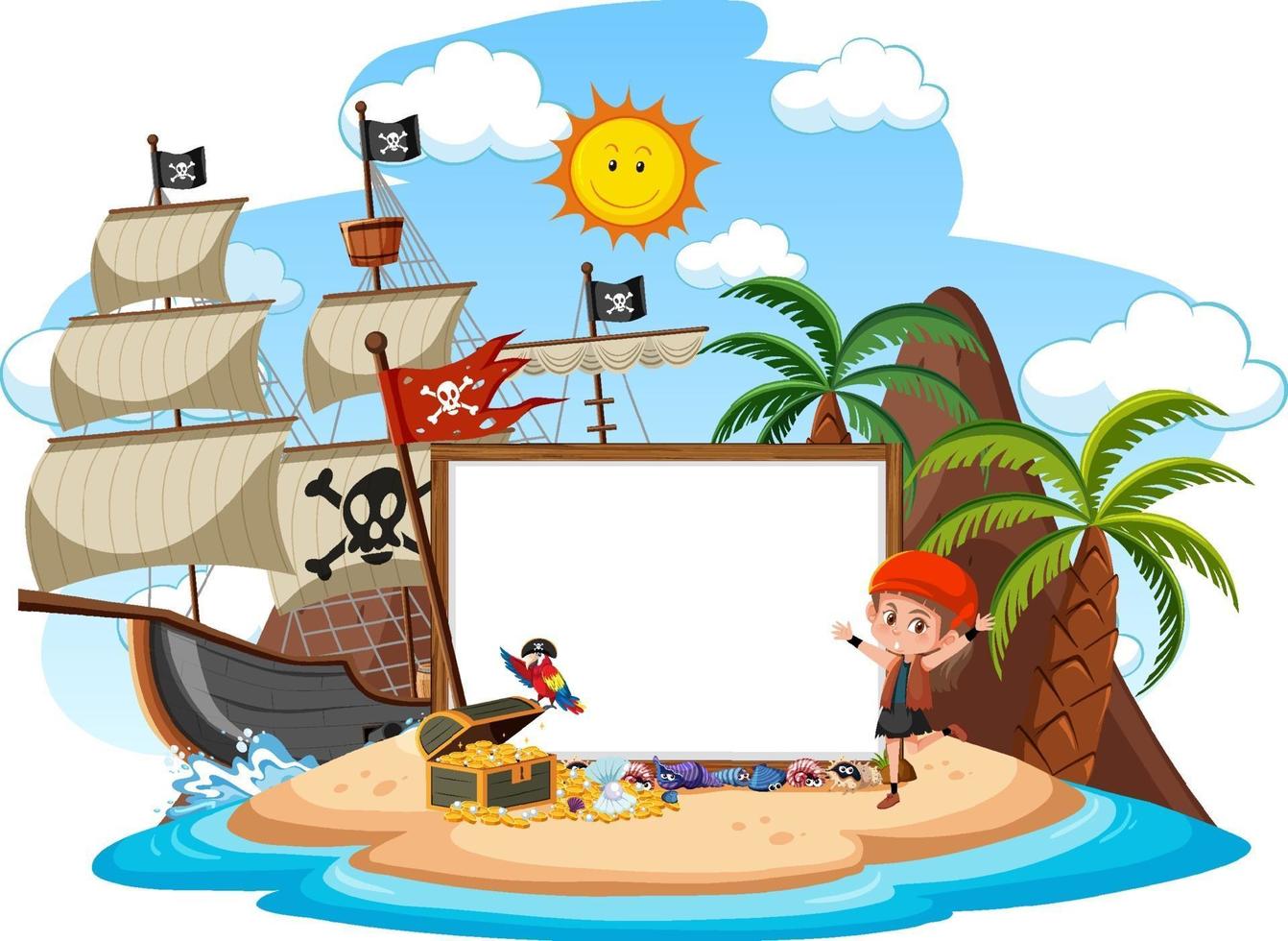 Pirate island with blank banner template vector