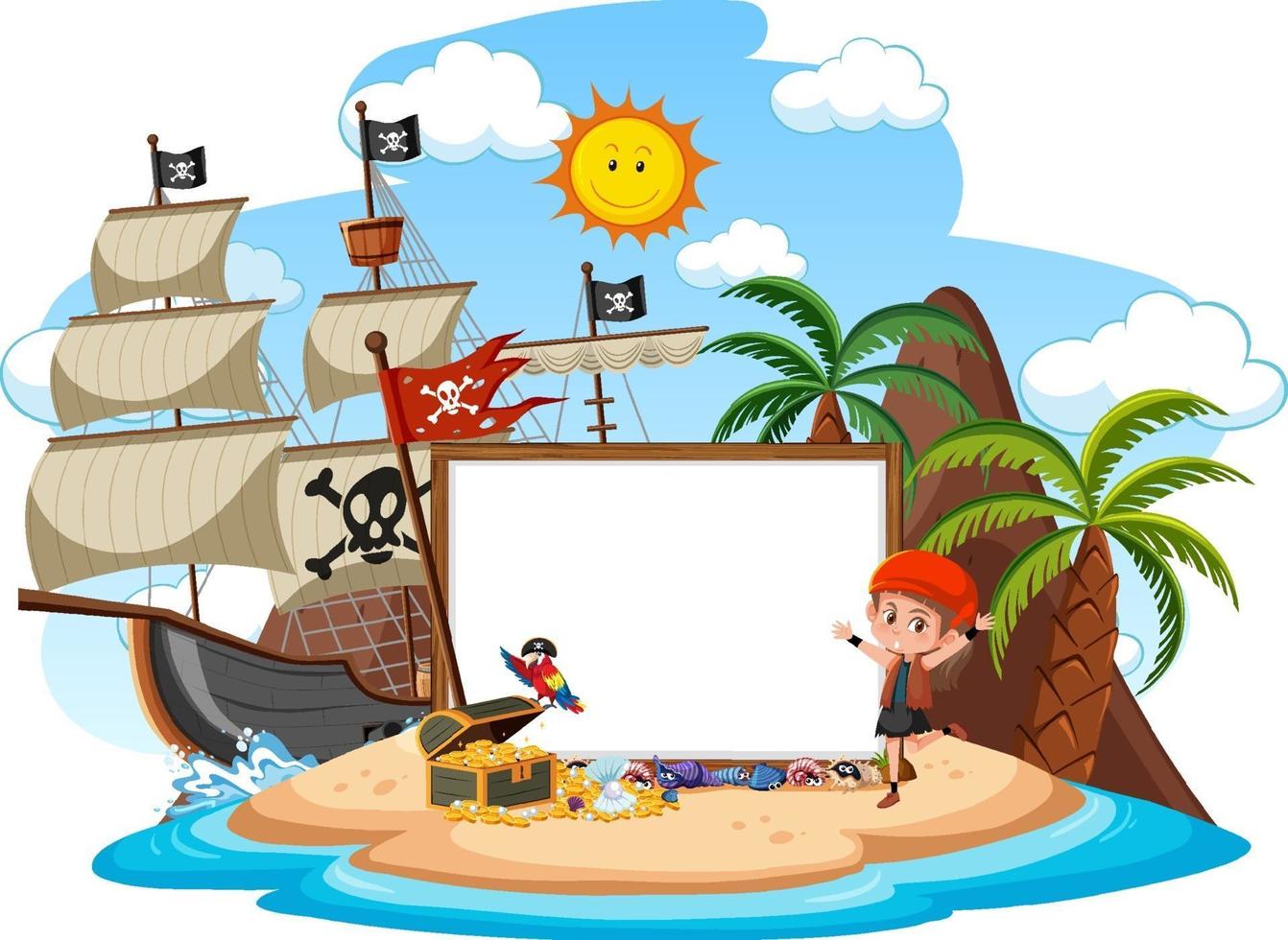 isla pirata con plantilla de banner en blanco vector