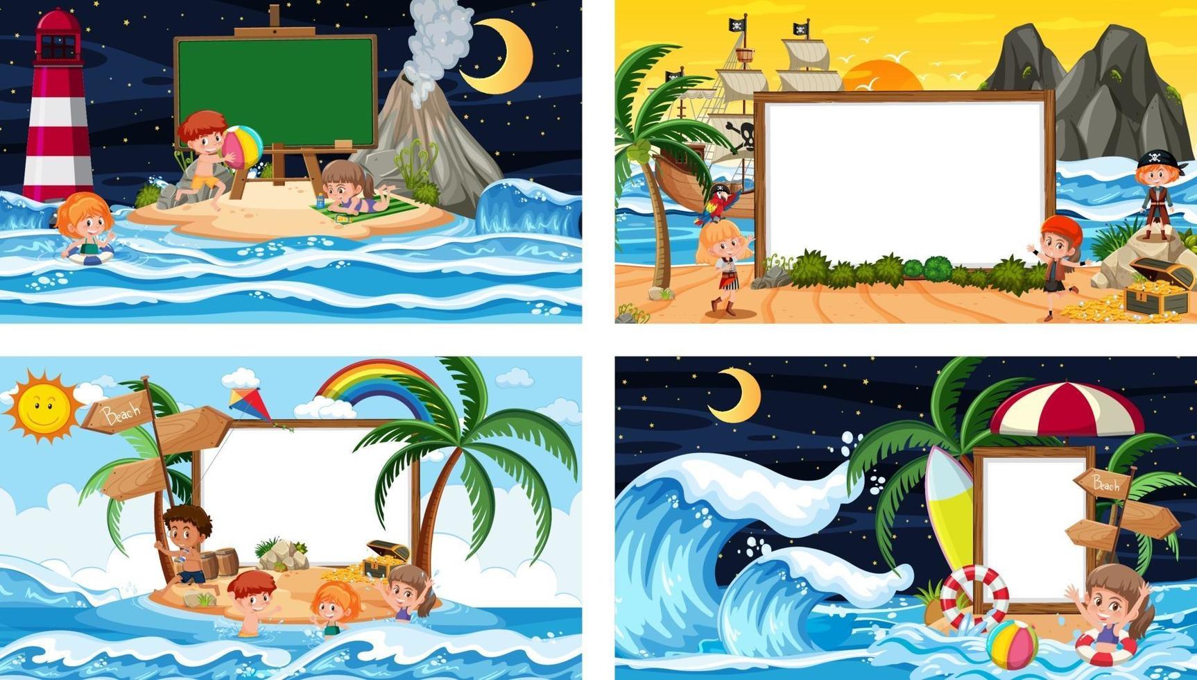 Set of different tropical beach scenes with blank banner vector