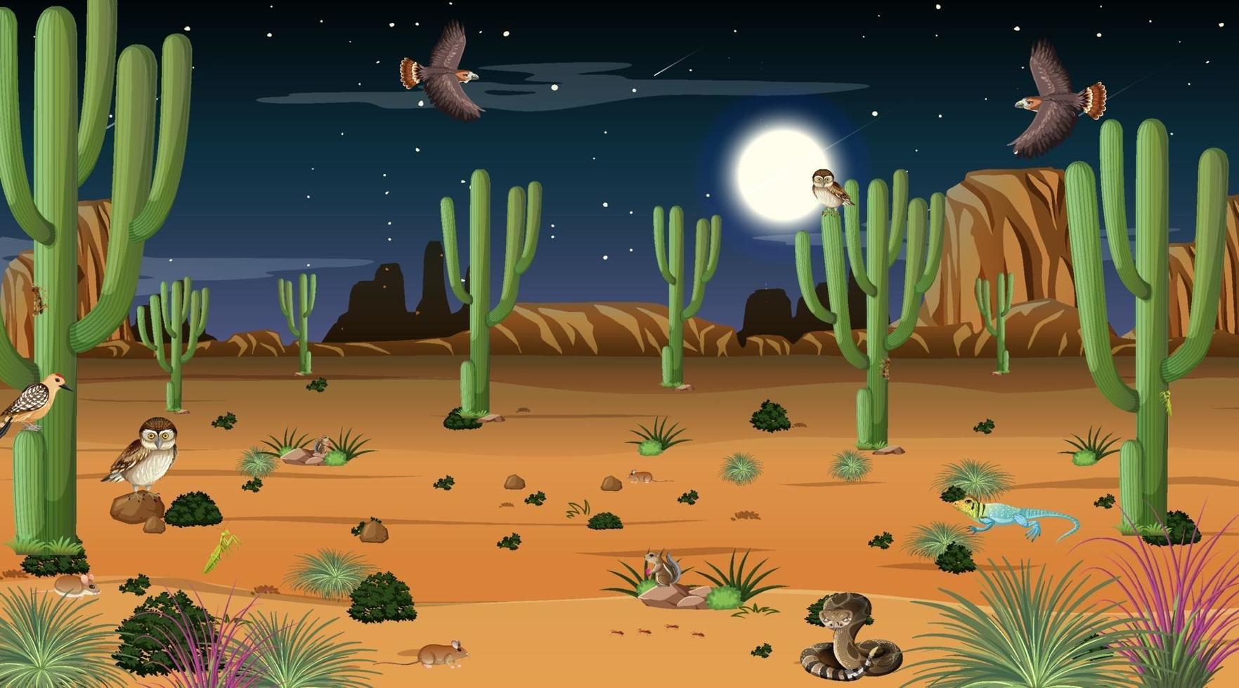 Desert forest landscape at night scene with desert animals and plants  3228141 Vector Art at Vecteezy