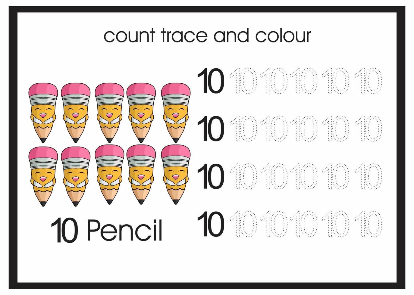count trace and colour pencil number 10 vector