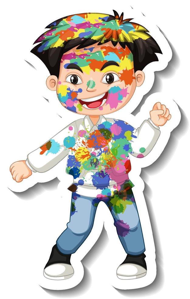 Happy boy with colour on his body sticker on white background vector