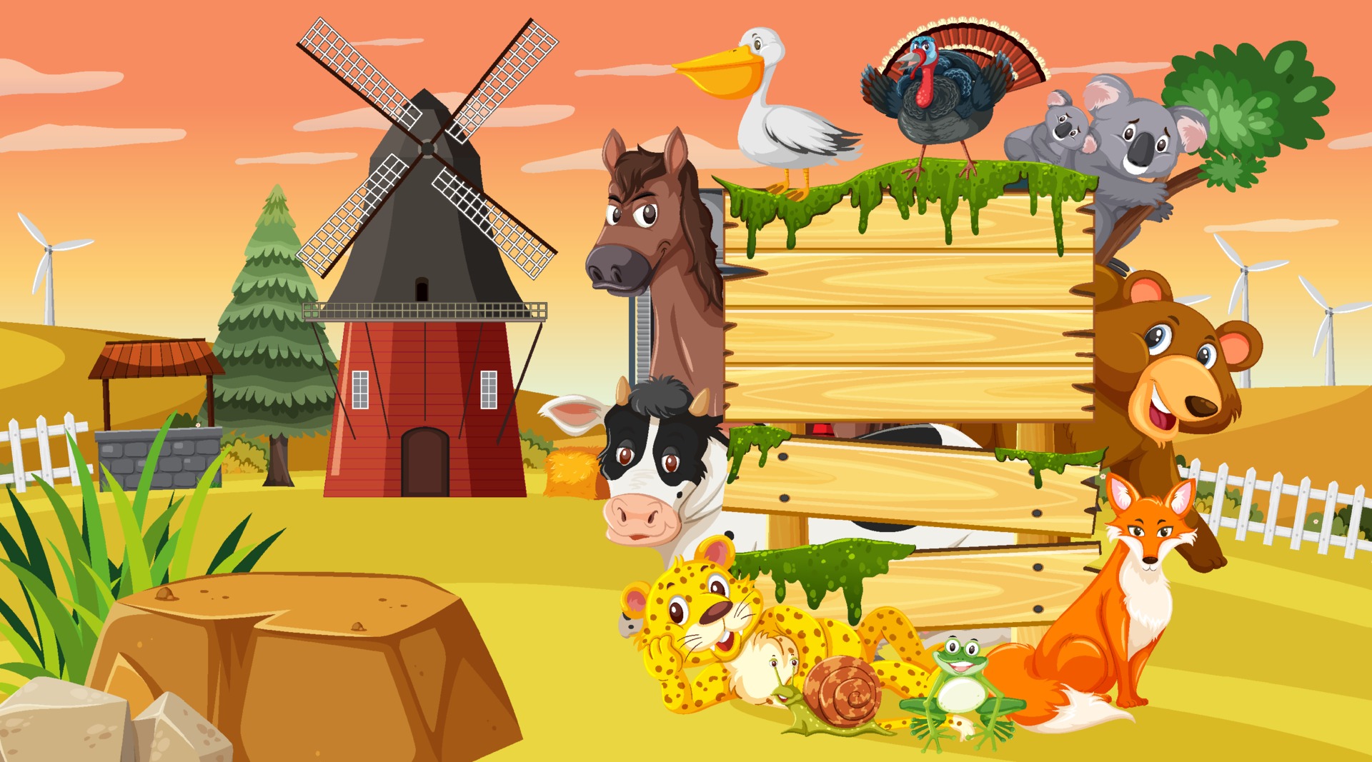 Empty wooden board with various wild animals in the farm 3228242 Vector Art  at Vecteezy
