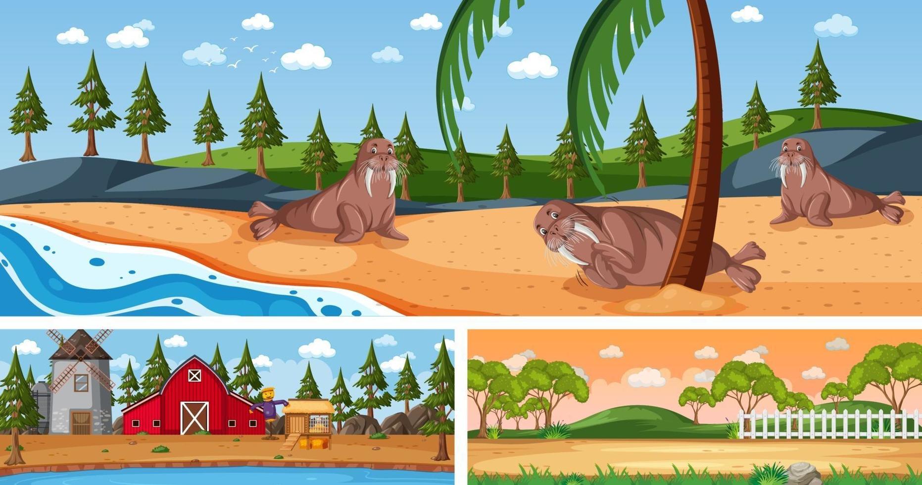 Outdoor panoramic landscape scenes set with cartoon character vector