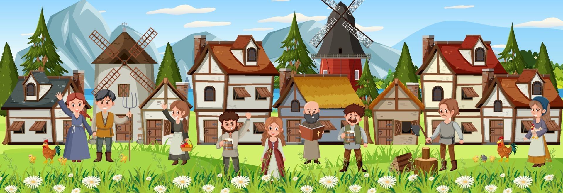 Medieval town scene with villagers vector