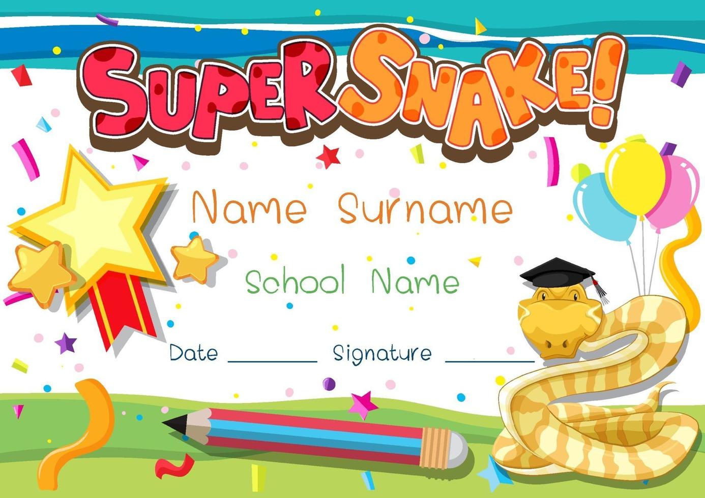 Diploma or certificate template for school kids with super snake vector