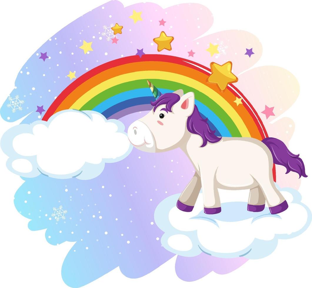 lindo unicornio en el cielo pastel con arcoiris vector