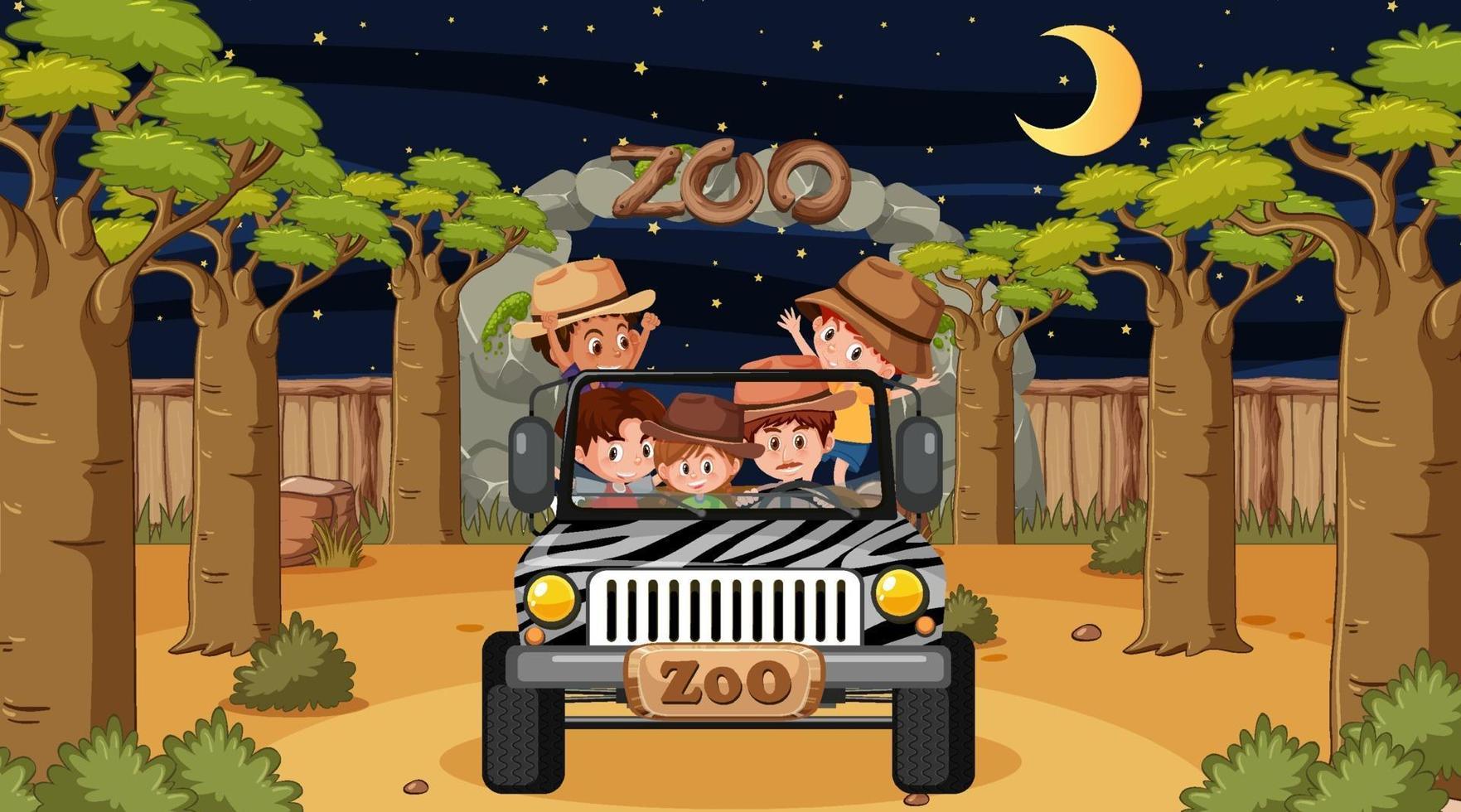 Safari en la escena nocturna con muchos niños en un coche jeep. vector