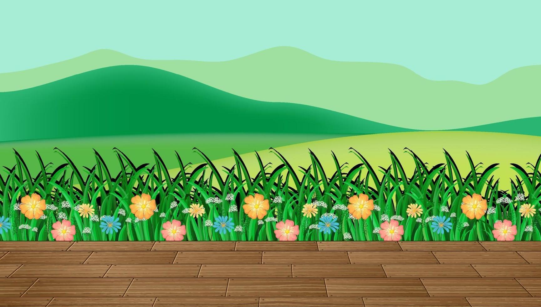 Flower field and green grass with mountain backdrop vector