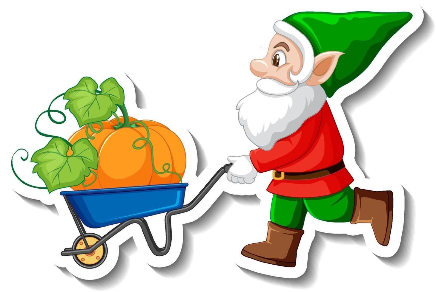 A sticker template with garden gnome and pumpkin in wheelbarrow vector