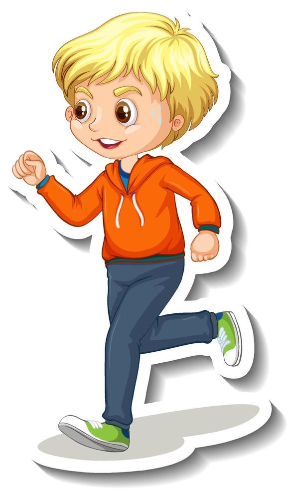 Cartoon character sticker with a boy jogging on white background vector