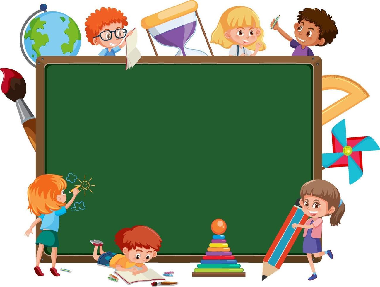 Empty blackboard with many school kids cartoon character vector