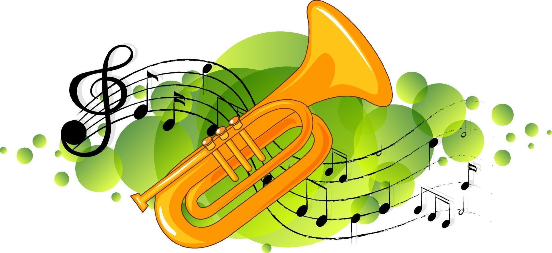 Instrumento musical de trompeta con símbolos de melodía en mancha verde vector