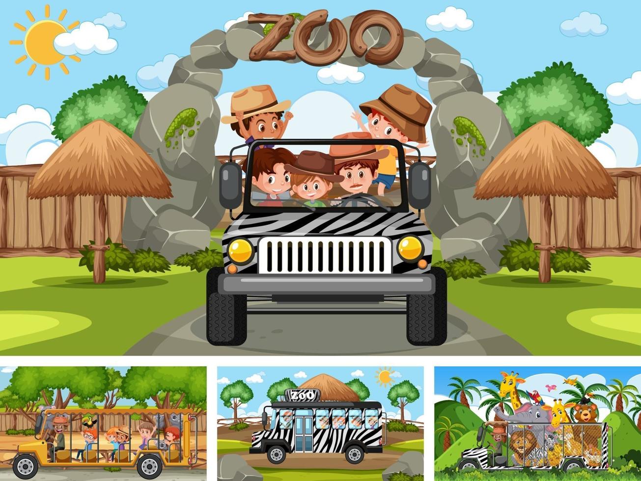 Cuatro escenas de zoológico diferentes con niños y animales. vector