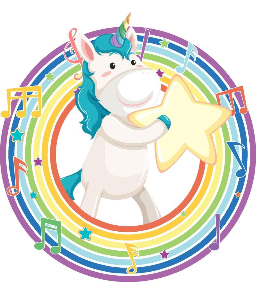 Unicorn in rainbow round frame with melody symbol vector