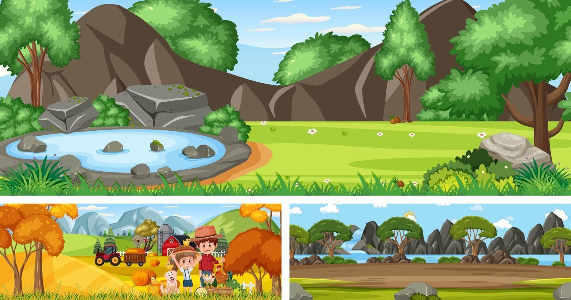 Different outdoor landscape scenes with cartoon character vector