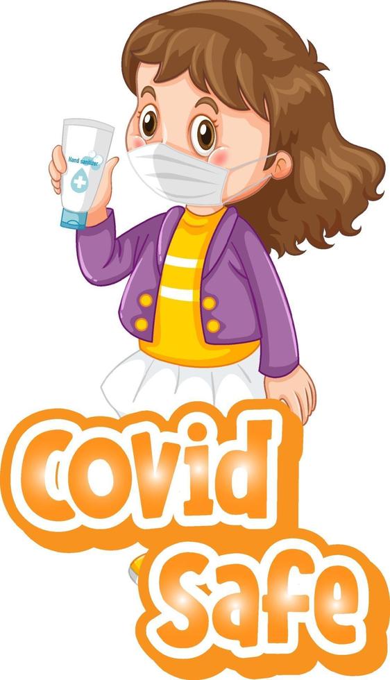 Covid Safe font with a girl wearing medical mask on white background vector