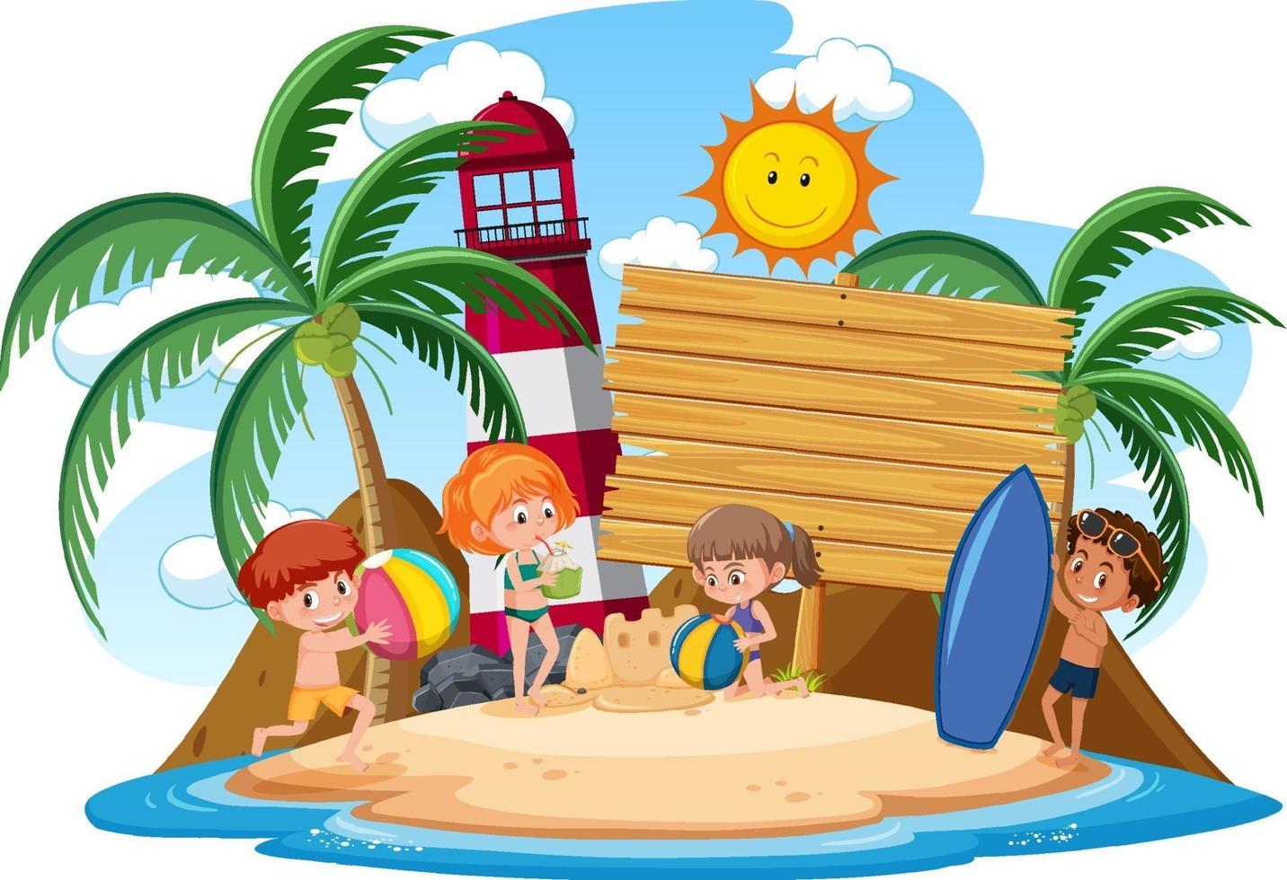 Banner vacío con carácter infantil en vacaciones de verano en la playa. vector