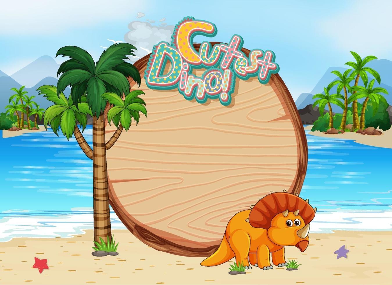 Beach scene with empty board and cute dinosaur cartoon character vector