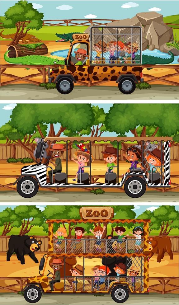 Different safari scenes with animals and kids cartoon character vector