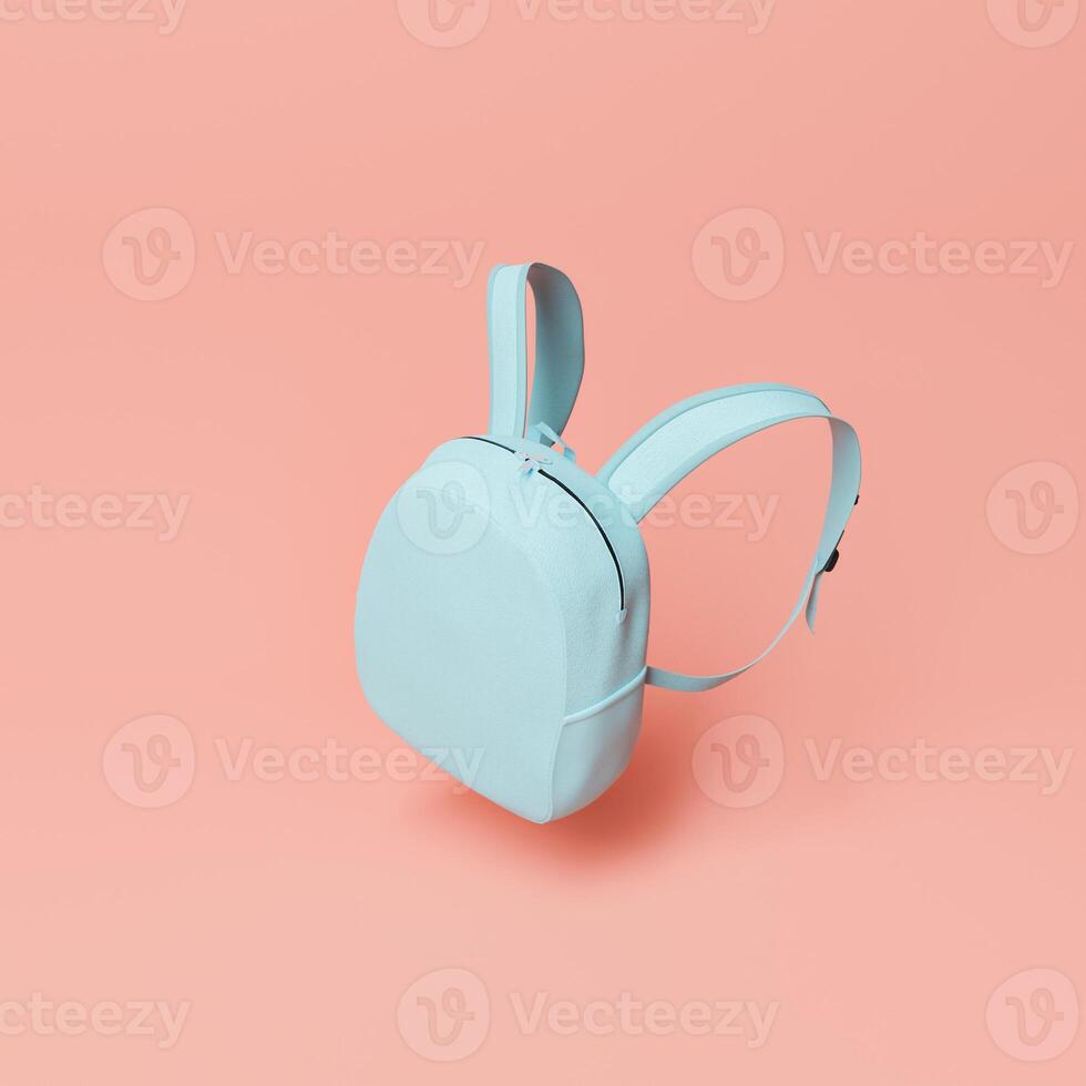 Minimalistic scene of a small blue school bag floating photo