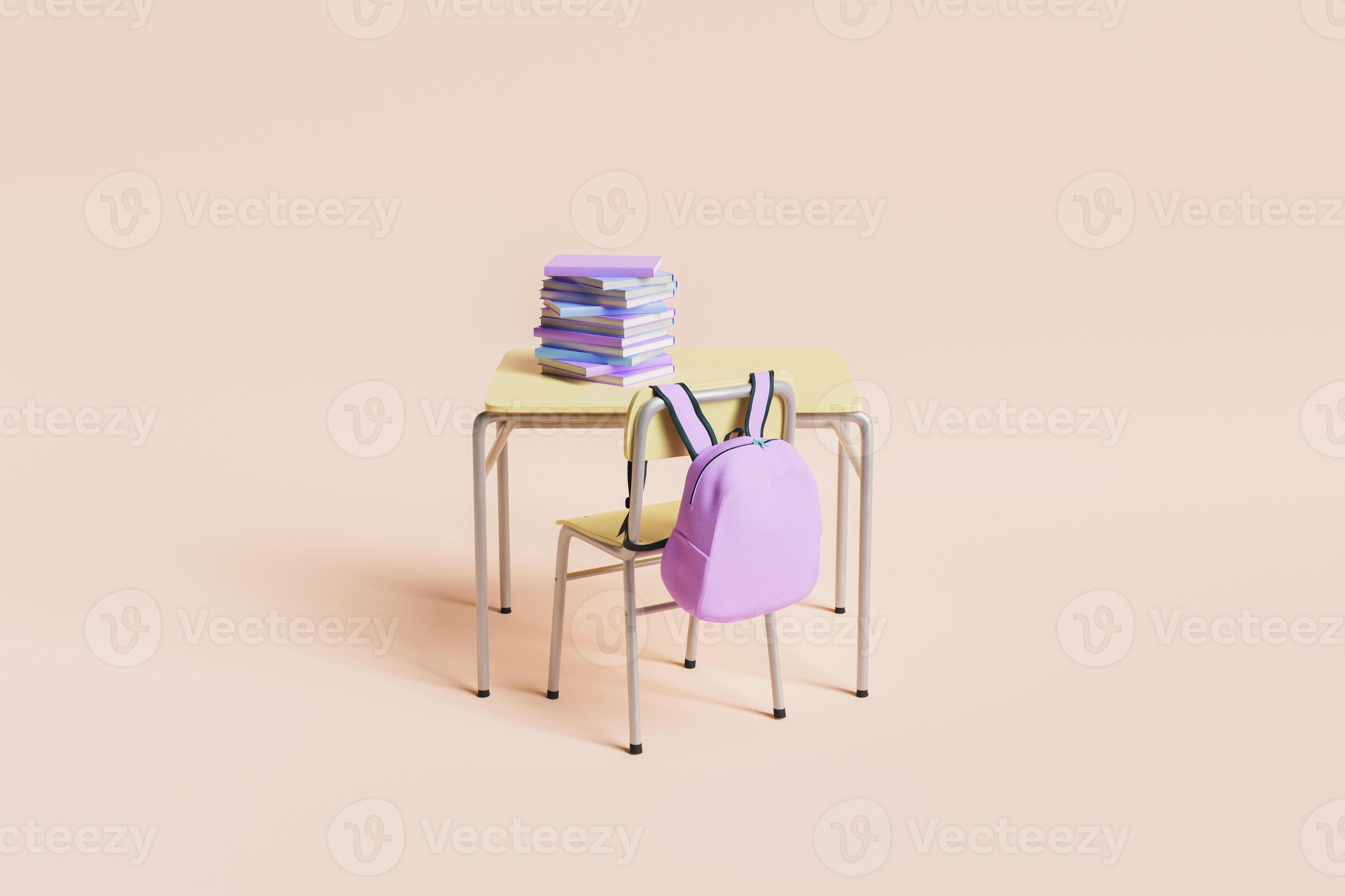 School desk full of books with pink backpack hanging on the chair