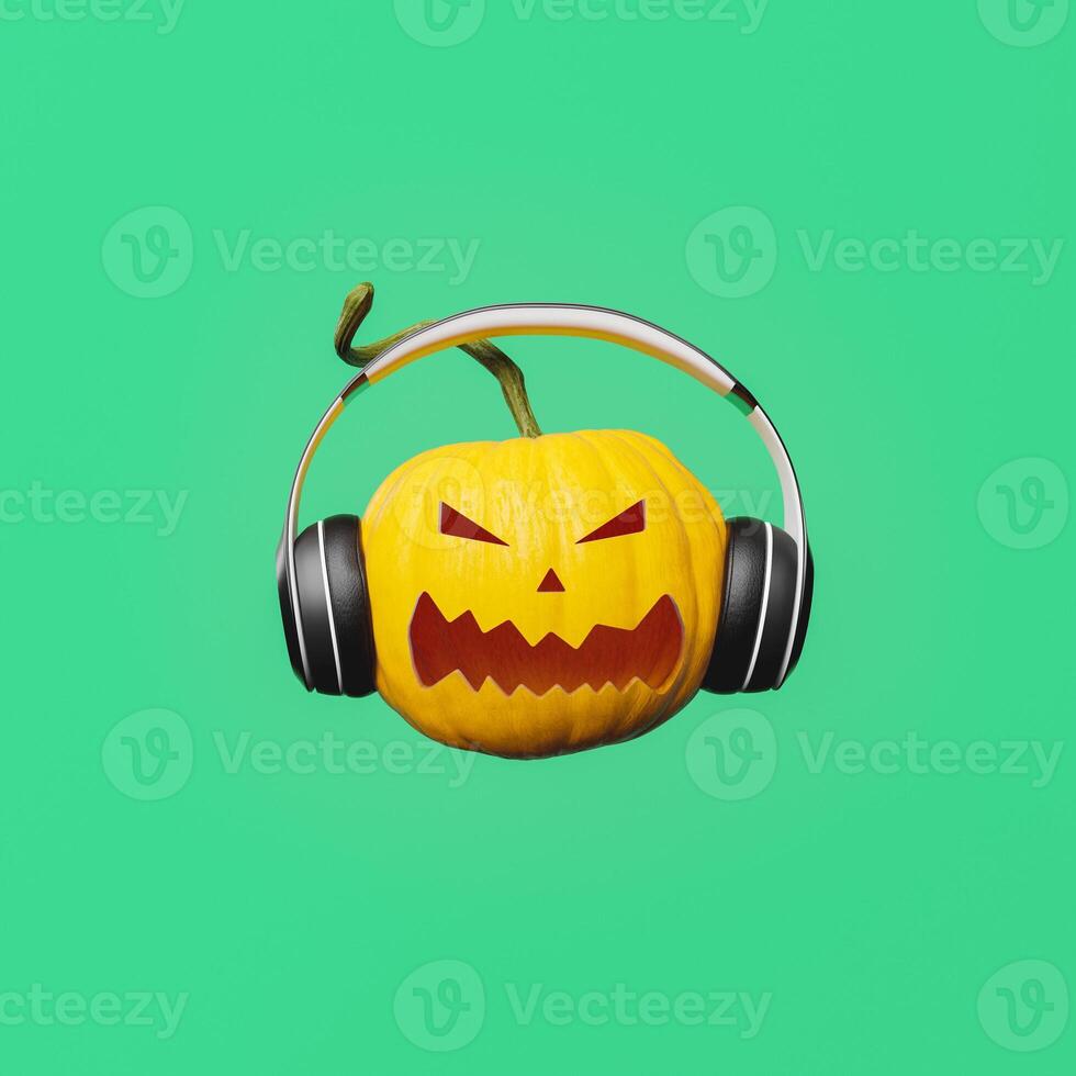 Angry Halloween pumpkin with headphones photo