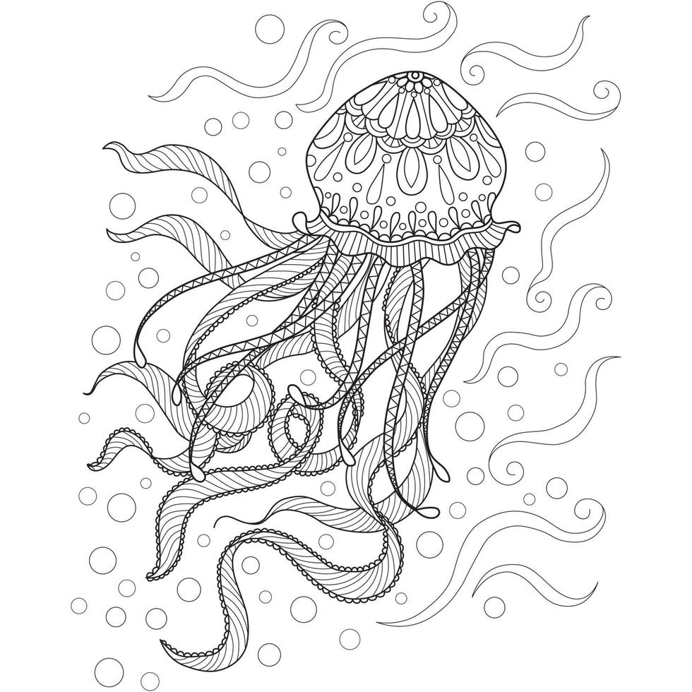 Jellyfish hand drawn for adult coloring book vector