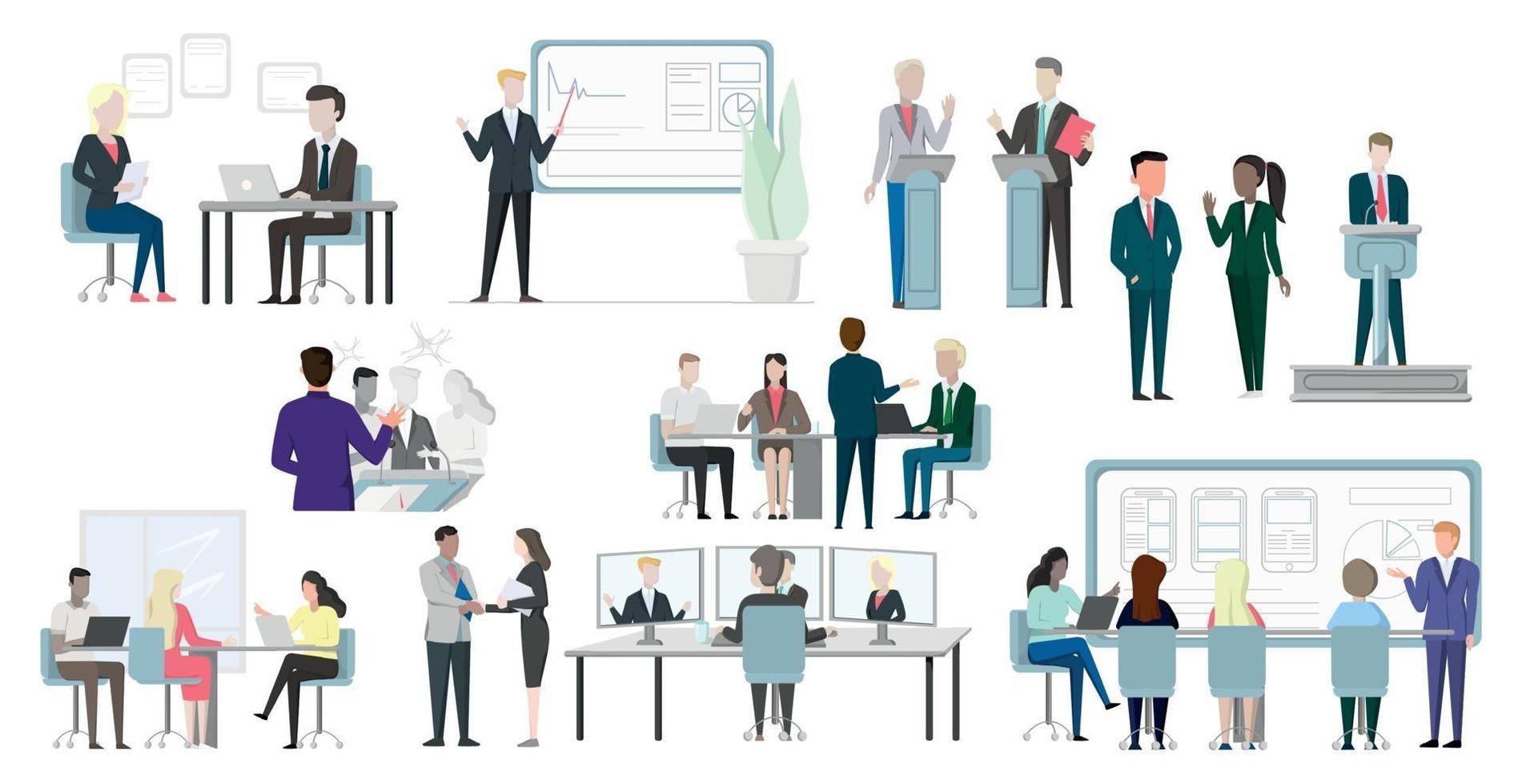 Public business presentations, set with different situations - Vector