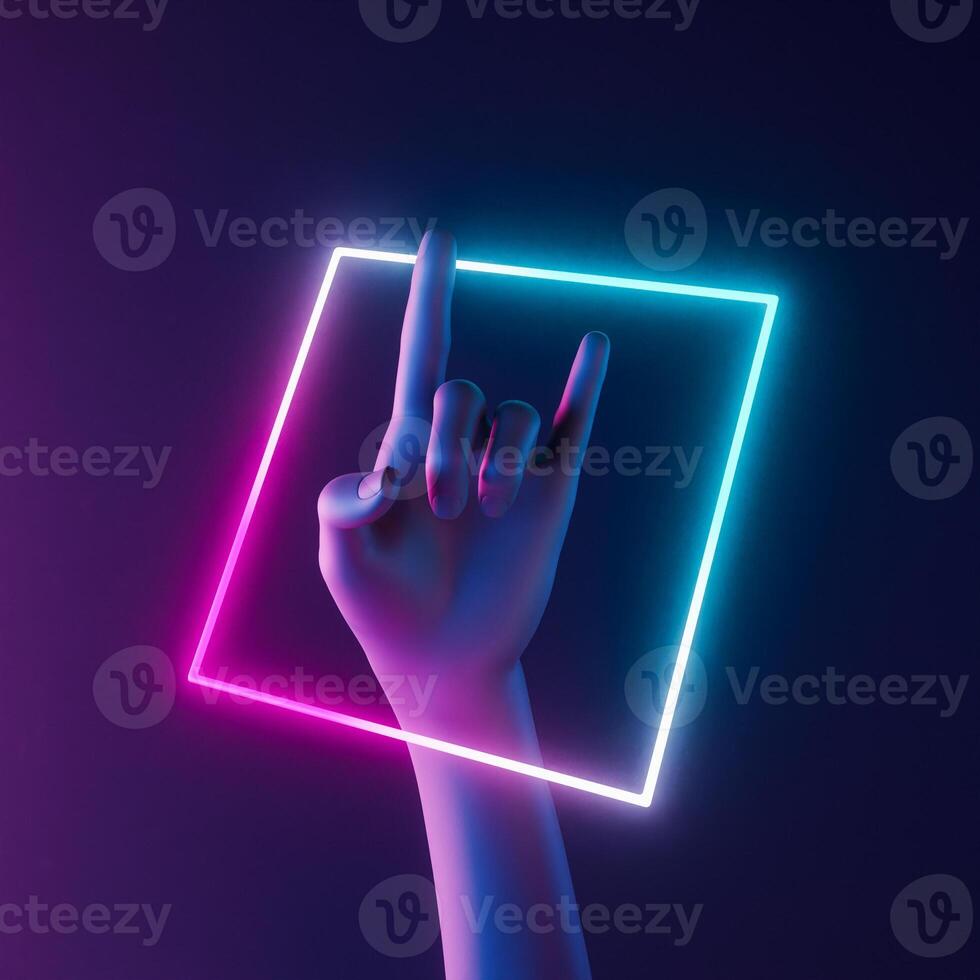 Hand with rock and roll gesture and neon light photo