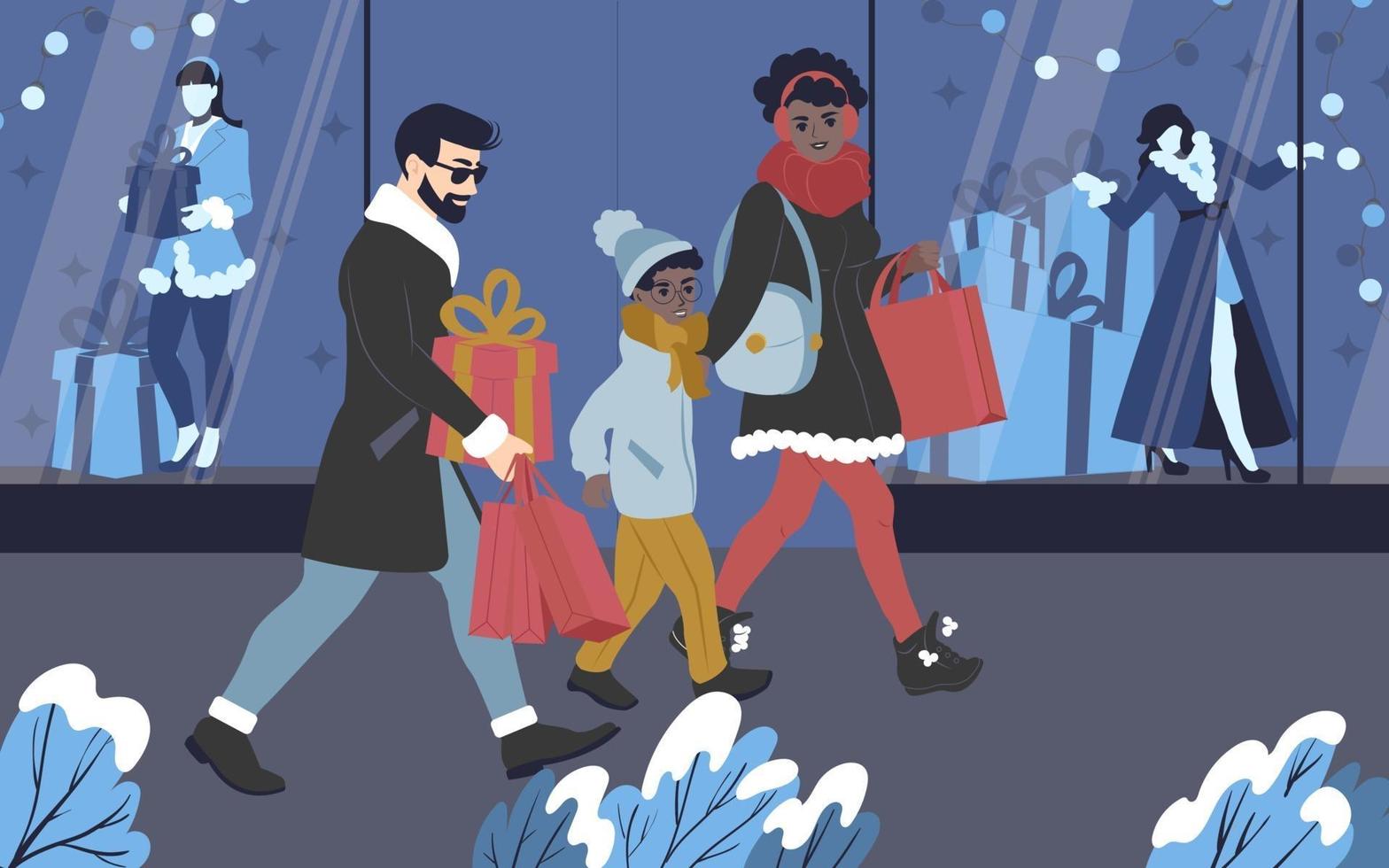 una joven familia multicultural comprando regalos para las fiestas navideñas vector
