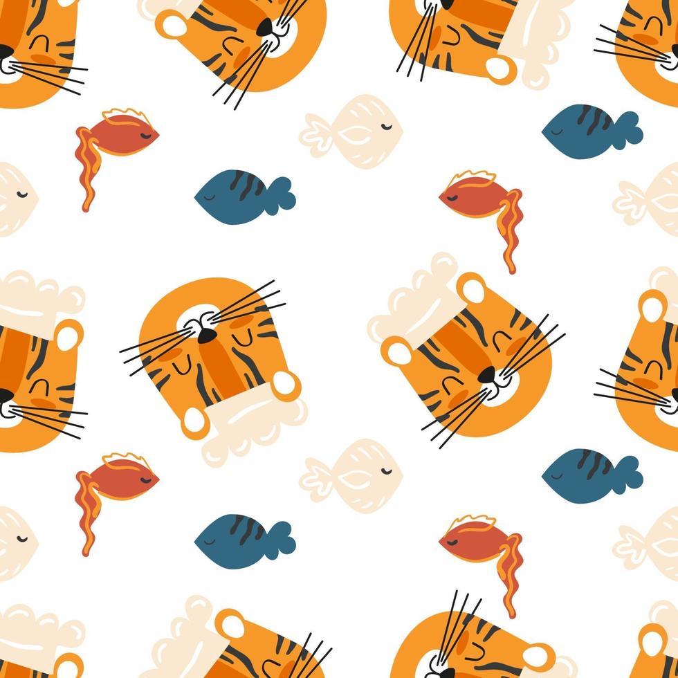 Kitchen seamless pattern with cute cartoon head tiger chef and fish vector