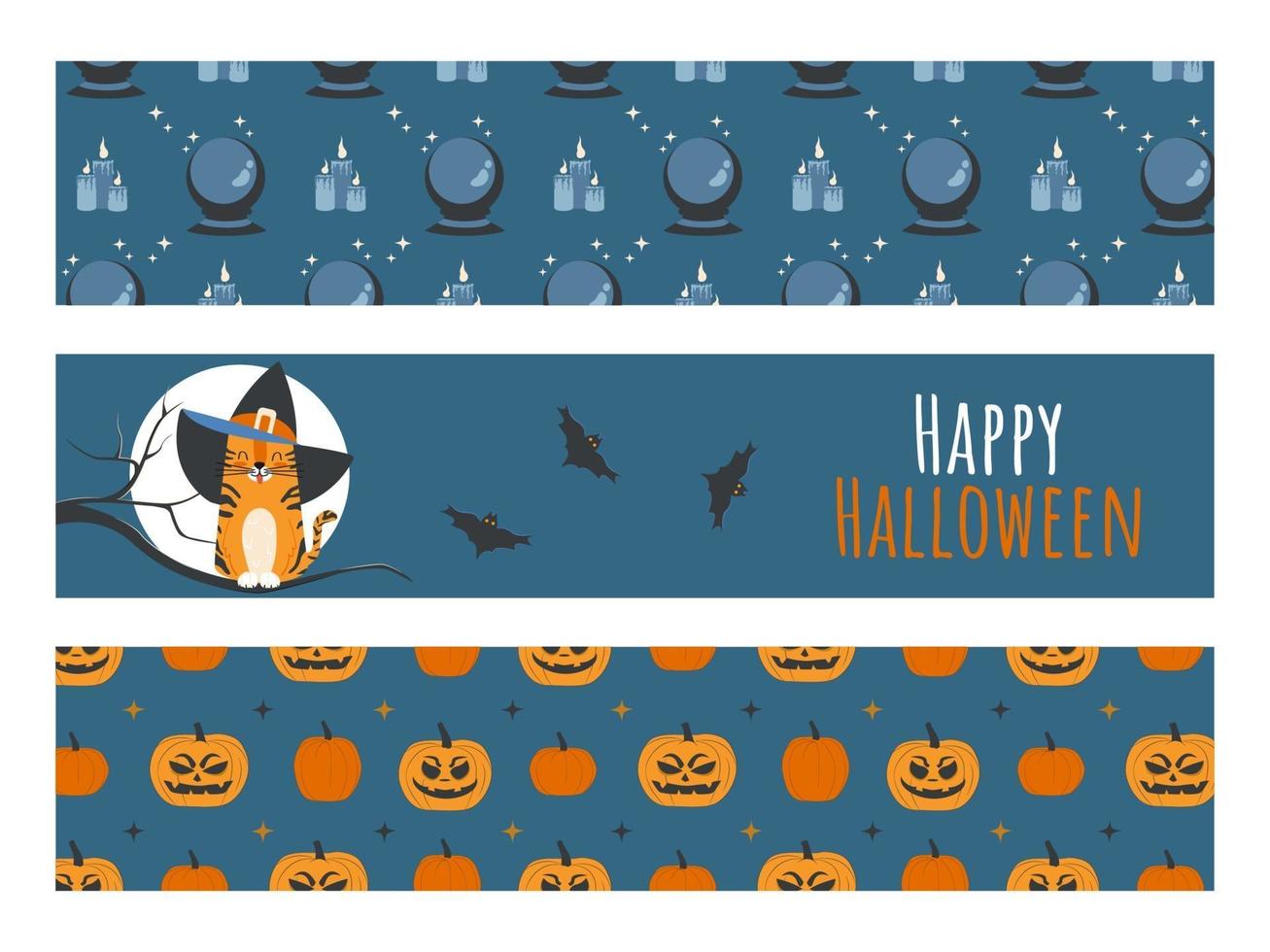conjunto de pancartas horizontales de halloween para bebés con lindo personaje de tigre vector