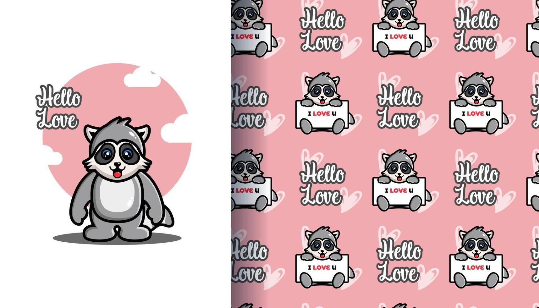 Cute raccoon holding a board i love you with seamless pattern vector