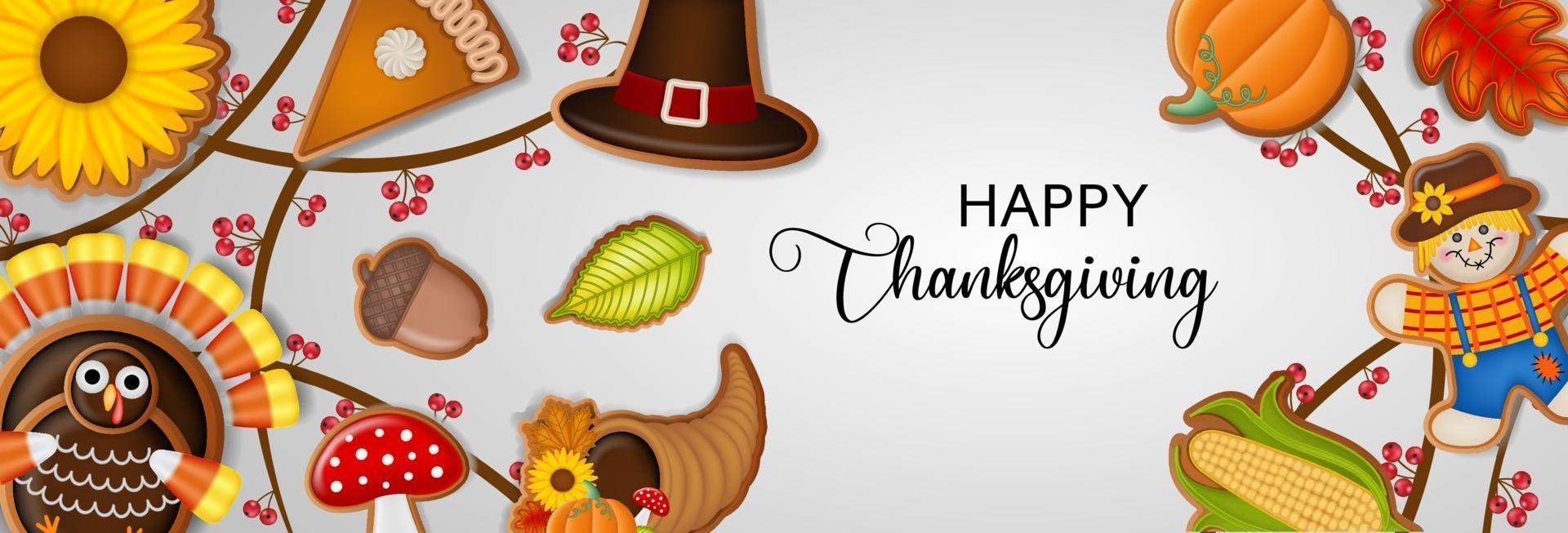 happy thanksgiving banner with gingerbread cookies vector