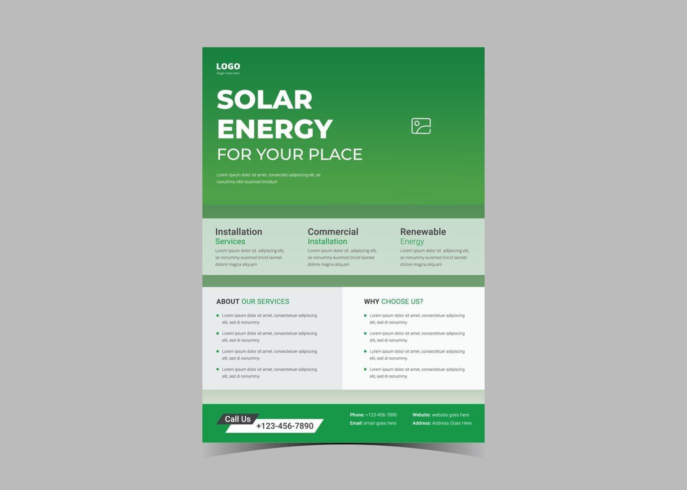 plantillas de folletos de energía solar, energía solar para su lugar, folletos solares vector
